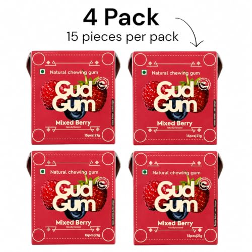 Image of Gud Gum- Natural, Plastic Free Chewing Gum -21g x 4 - Mini Pack of 4- No added artificial colours, flavours & sweeteners (Pack Of 4, Mixed Berry)