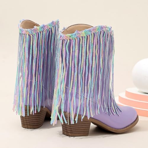IWIHMIV Little Girls Cowboy Boots Mid Calf Riding Shoes Girls Western Boots Low Heel Outdoor Shoes Girls Dress Boots Girls' Boots4