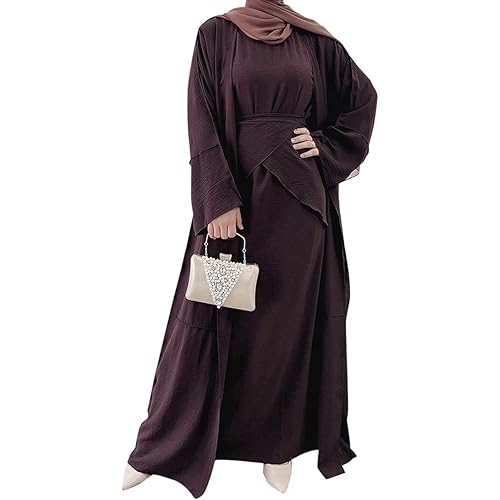 Women's Muslim Abaya Dress Three Pieces Set Islamic Prayer Robe Open Front Flowy Maxi Cardigan Dress