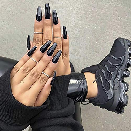Yeemoo 24Pcs Long Pure black Fake nails Fashion popular Nail sticker for Women and Girls