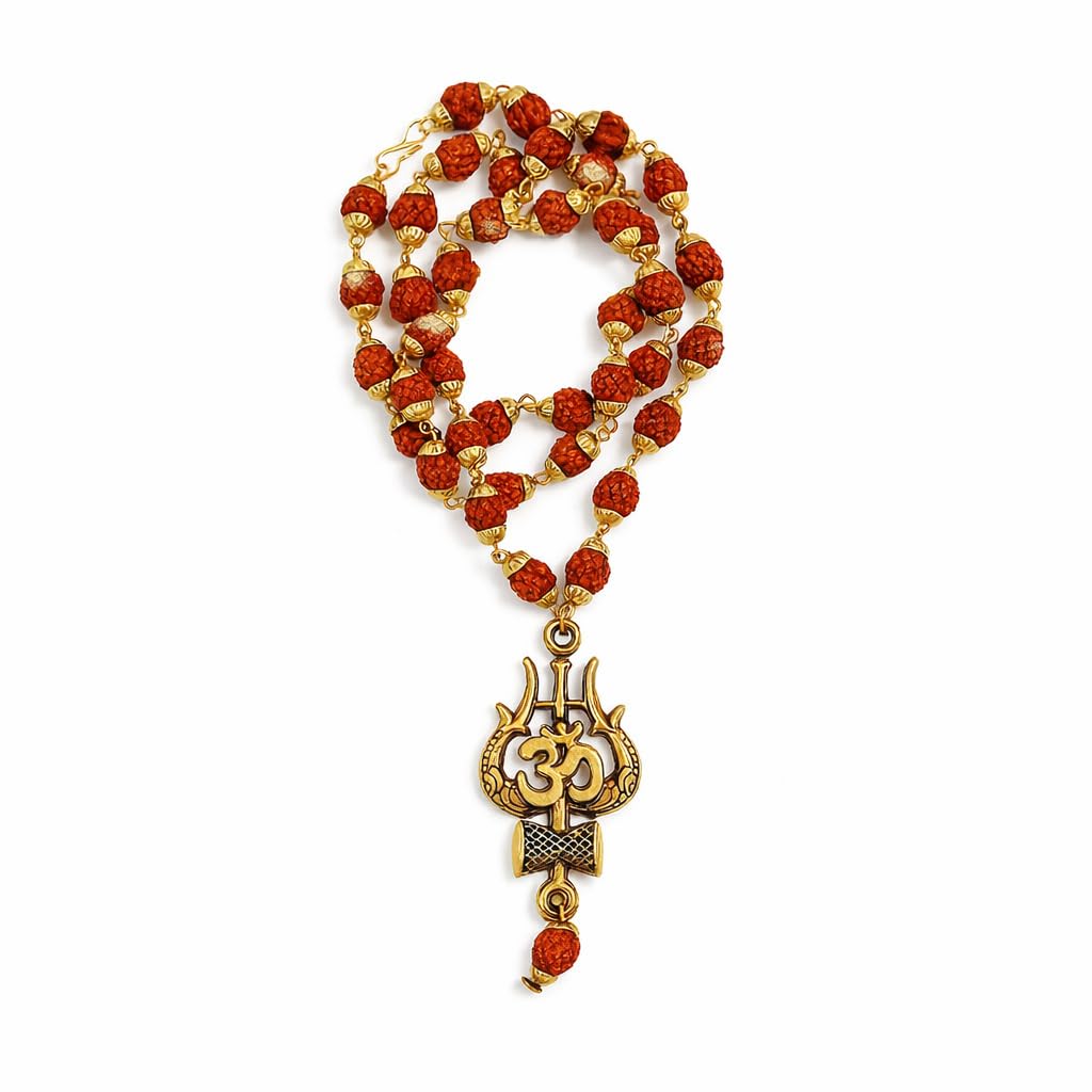 Shivaksh® Gold-Plated Trishul-Damru Rudraksha Mala | 5 Mukhi Certified Beads | Stylish Spiritual Wear for Men & Women | Energized in Kashi
