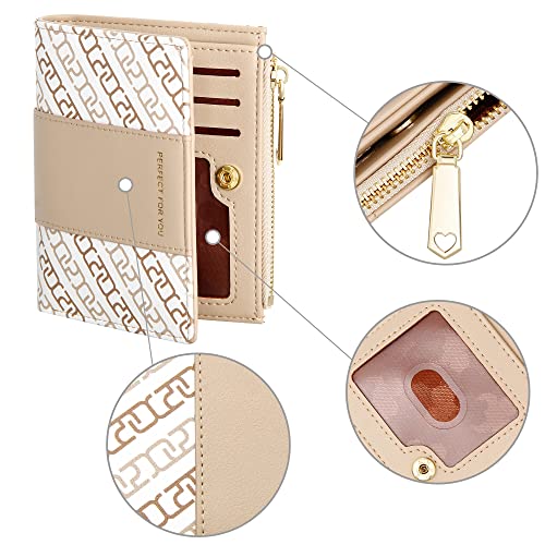 OIDERY Small Card Holder Wallet for Women, Bifold Compact Wallet with ID Window-Womens Wallet with Zipper Purse Khaki3