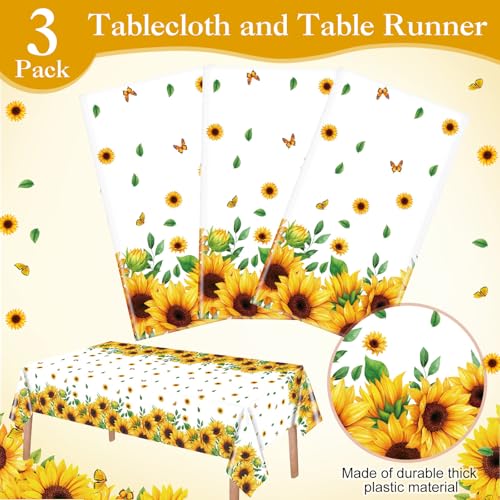Image of Ganeen 3 Pcs Sunflower Tablecloths Disposable Plastic Yellow Floral Party Table Cloth Waterproof Rectangle Table Cover for Indoor Outdoor Birthday Baby Shower Sunflower Party Decoration, 54 x 108 Inch