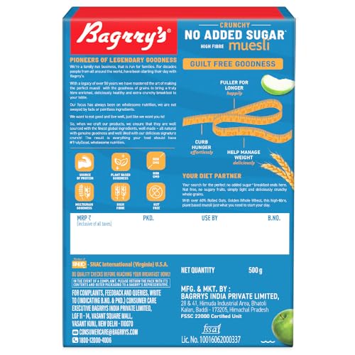 Image of Bagrry's No Added Sugar Muesli 500g | 0% Added Sugar | 90% Whole Grains | High Fibre & Protein | Plant-Based Breakfast Cereal | No Nuts, No Corn Flakes | Ideal for Diabetics & Weight Management | No Preservatives