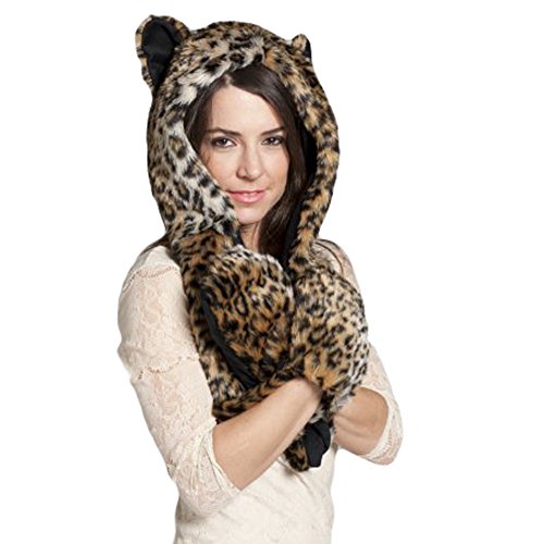 Julvie Faux Fur Full Animal Hood Hoodie Hat 3-in-1 Mittens Scarf Spirit Paws Ears