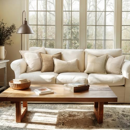 Image of MIULEE Decorative Throw Pillow Covers for Couch Bed Livingroom 20x20 Inch Set of 2 Cream Boho Accent Throw Pllows Broadside Striped Patchwork Soft Corduroy Pillowcases