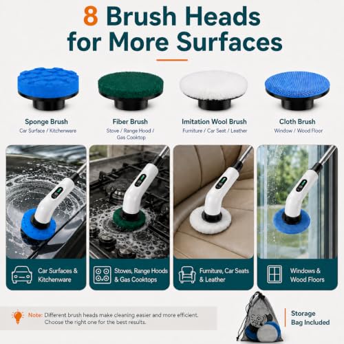Image of PPLEE Cordless Electric Spin Scrubber, 3 Speeds, 51-Inch Long Handle