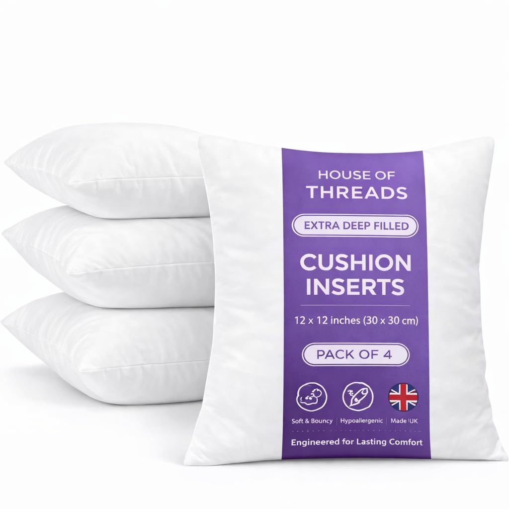 HT House Of Threads Cushion Inserts | 12 x 12 Inch (30 x 30 cm) White Cushion Pads | Extra Deep Filled Hotel Quality Cushion Inserts | Premium Hollowfibre Throw Pillows | 4 Pack