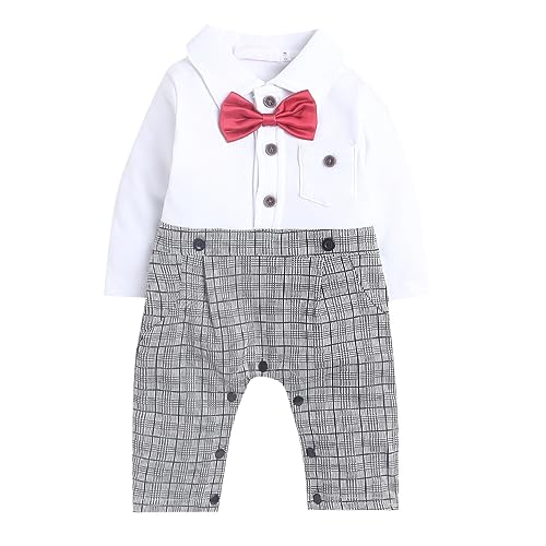 Image of Hopscotch Boys Bow Applique Plaid Romper in Grey Color