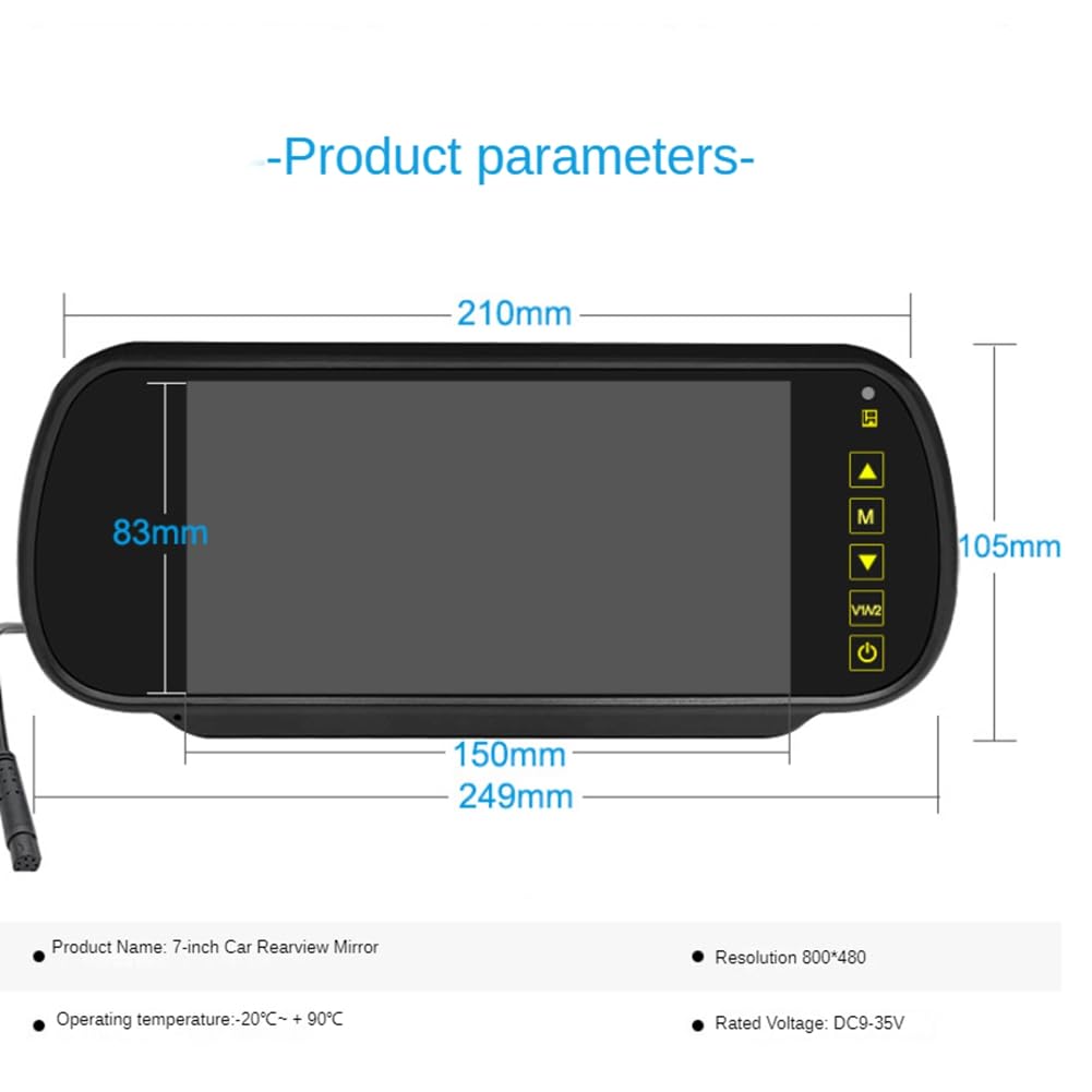 Monitor LCD per Auto da 7 Pollici con Specchietto Retrovisore, Schermo di Parcheggio, 2 Ingressi AV, Display Automatico per Assistenza Alla Telecamera Posteriore, Facile da Usare, Resistente
