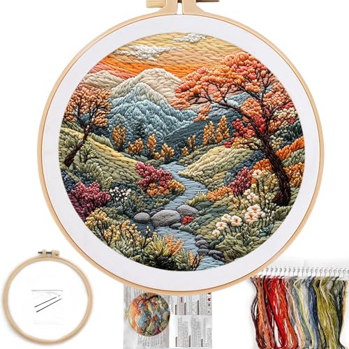 Image of FONNUY Embroidery Kit for Beginners, Boho Nature Landscape Pre-Stamped Pattern Kits for Adults with Hoop, Easy to Follow Color Thread Needlework, 8'' Hoop (Mountain Stream)