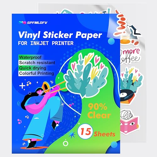 Papel adhesivo transparente para impresora de inyección de tinta, 15 hojas (8.5 x 11 pulgadas), vinilo impermeable imprimible para calcomanías personalizadas