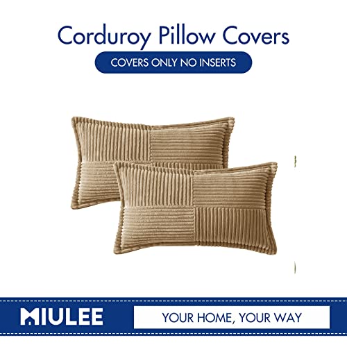 Image of MIULEE Decorative Lumbar Throw Pillow Covers for Couch Bed Livingroom 12x20 Inch Set of 2 Khaki Boho Accent Throw Pllows Broadside Striped Patchwork Soft Corduroy Pillowcases