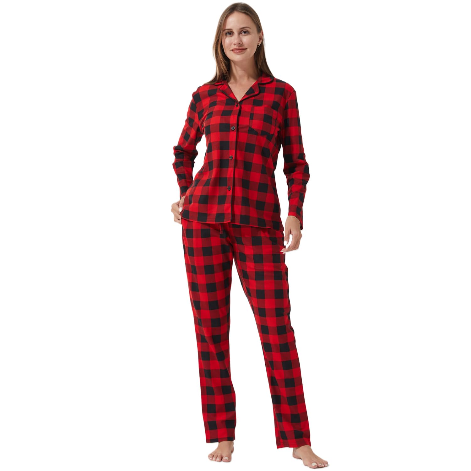 Pyjama assorti pour couple à carreaux pour femmes et hommes, vêtements de nuit boutonnés, vêtements de nuit à manches longues, ensemble de pyjama 2 pièces