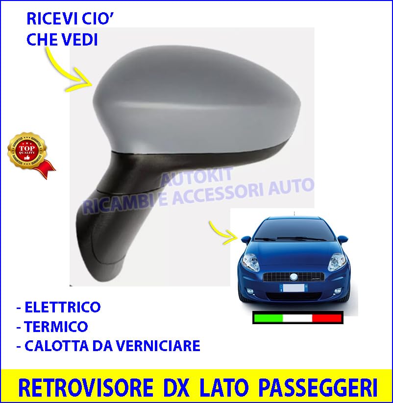 Specchietto Retrovisore Destro lato Passeggeri a Regolazione ELETTRICA TERMICO con Sensore Temperatura Calotta VERNICIABILE Specifico per Grande Punto e Punto Evo prodotte dal 2005 in poi - MFT223-R
