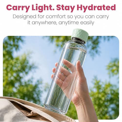 Image of Rioware Glass Water Bottle 1 Litre | Airtight lid | Leak Proof | Silicon Cap | Fridge Water Bottles for Home, Office & Gym (1 Ltr- Pack Of 2, Green)