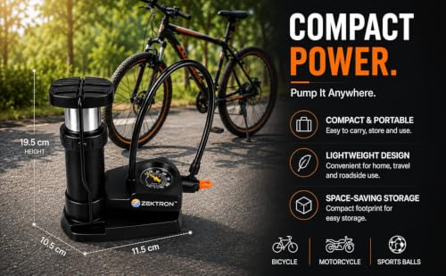 Image of ZEKTRON Foot Pump for Car & Bike Tyres | 160 PSI High Pressure Portable Air Pump with Pressure Gauge | Dual Valve Heavy Duty Floor Inflator for Bicycle, Motorcycle, Football & Sports Balls