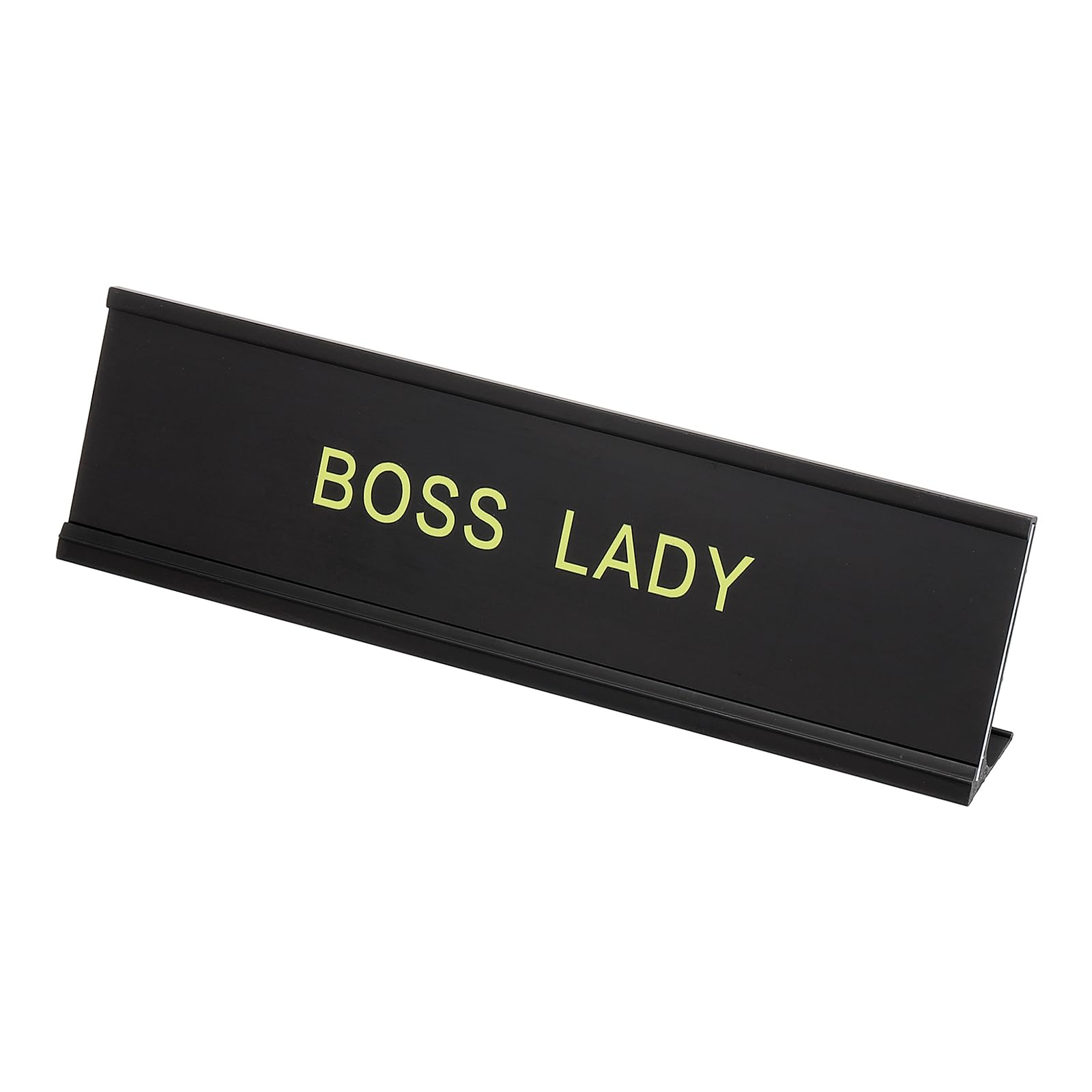 PATIKIL Funny Nameplate, 8"x2" Novelty Desk Sign Plaque Aluminum Desk Name Plate with Base for Office Black Yellow (Lady)