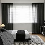 Picture of Ftinala Black Linen Look Pinch Pleated Sheer Curtains 108 Inches Long 2 Panels, Rustic Textured Light Filtering Curtains & Drapes, Dark Moody Sliding Glass Door Floor to Ceiling Curtain Hooks