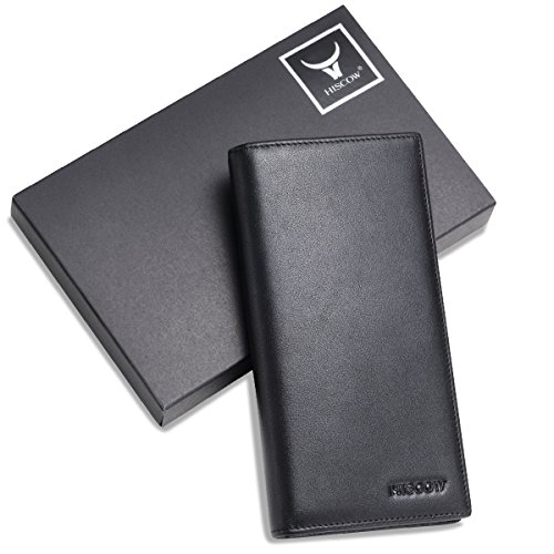 Hiscow Bifold Long Wallet With 15 Credit Card Slots - Italian Calfskin (Black) #TOP6
