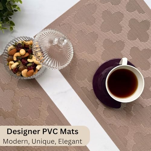 Image of Livmodern Premium PVC Dining Table Mats | Woven PVC Brown placemats| Anti Skid | Wipeable & Washable Set of 6- Bronze Clover