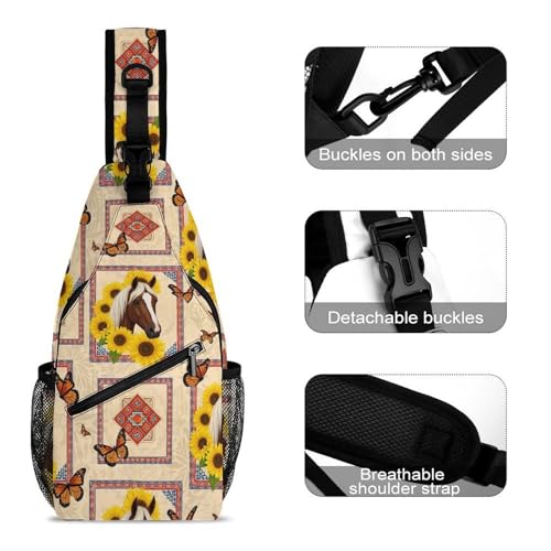 Fashion Chest Bag, Shoulder Bag, Dress Decor Sling Backpack, Casual Day Pack For Travel Shopping Native Sunflower Western Horse3