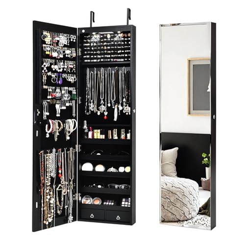HOMGX LED Mirror Jewelry Cabinet, 47.5” Wall or Door Mounted Makeup Storage Organizer w/Full Length Mirror & 2 Drawers & Large Storage Space, Lockable Jewelry Armoire Organizer (Black)