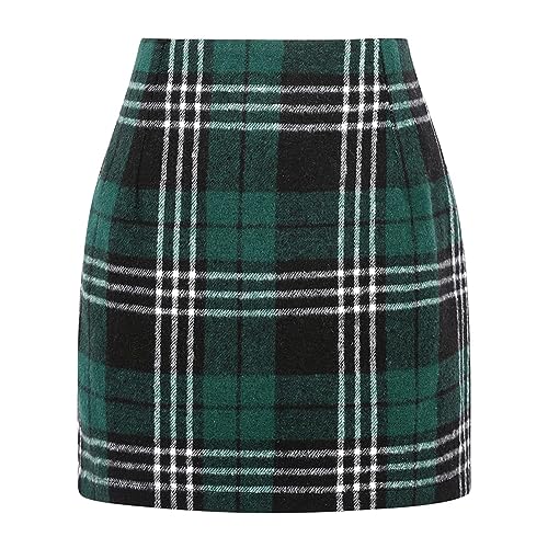 Kinghua Womens Wool Plaid Mini Skirt Fall Winter High Waisted Bodycon Pencil Skirt