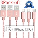 iPhone Charger, YEONPHOM 3Pack 6FT Extra Long Nylon Braided 8 Pin Lightning Cable USB Charging Cord for iPhone 7/7plus se/6/6s/6 plus/6s plus, 5c/5s/5, iPad Air/Mini, iPod Nano/Touch (Rose Gold)