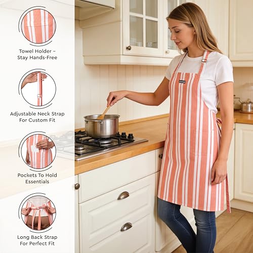 Image of Encasa XO 100% Cotton Apron Set for Women & Men with Adjustable Apron, Oven Gloves & Pot Holder (Pack of 3) Combo, Heat-Resistant, Soft & Durable for Cooking, Baking & Grilling (Franca Orange Stripes)