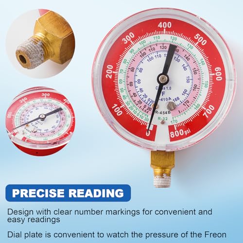 Image of A2L Manifold Gauge, R454B Red High Pressure Gauge, 1 /8 inch Male NPT (80 mm) Refrigerant Pressure Gauges for R-454B R-32 R410A HVAC System, 800 PSI (Red)
