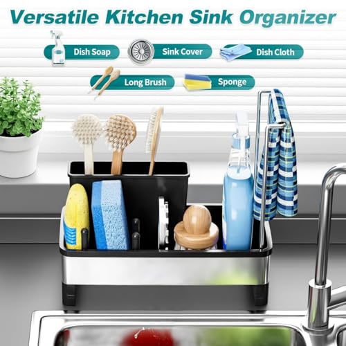 Miniatura 4 de Jyfkinn Organizador Cocina, Organizador Fregadero Con Bandeja De Drenaje Autodrenante Para Soporte De Esponja, Toallero, Soporte Para Paños Cocina Accesorios Para Lavabo Del Baño Negro
