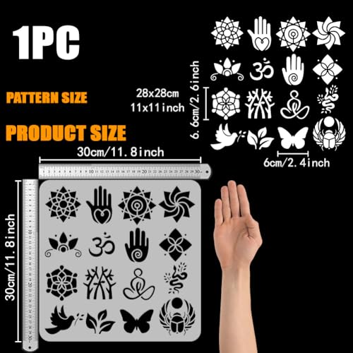 FINGERINSPIRE Estêncil de símbolos budistas para pintura 30 x 30 cm modelo de desenho de padrões geo