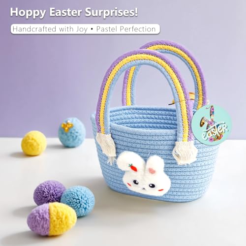 Image of Exun Bunny Basket for Kids, Cute Cotton Tote Bag Hand-Woven Handbag with Rainbow Handles, Easter Egg Hunt Basket Bags for Boys, Girls, Toddler, Babies, Easter gift basket Personalized (Blue)