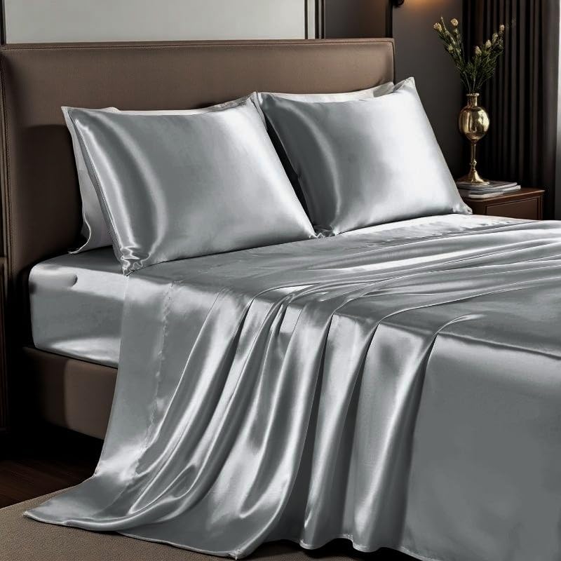 Miniatura 3 de JUWENIN Juego de sábanas sedosas suaves y sedosas de hotel de lujo de satén mate sin brillo, sábana bajera con bolsillo profundo, sábana encimera y