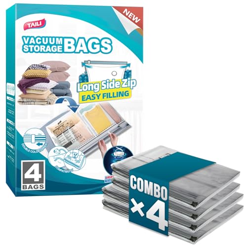 Image of TAILI 4 Pack Vacuum Storage Bags, 2 Size Combo(2 Large+2 Jumbo), Clear | LONG SIDE ZIP Vacuum Seal Bags for Clothing, Space Saver for Beddings, Comforters, Blankets, Pillows