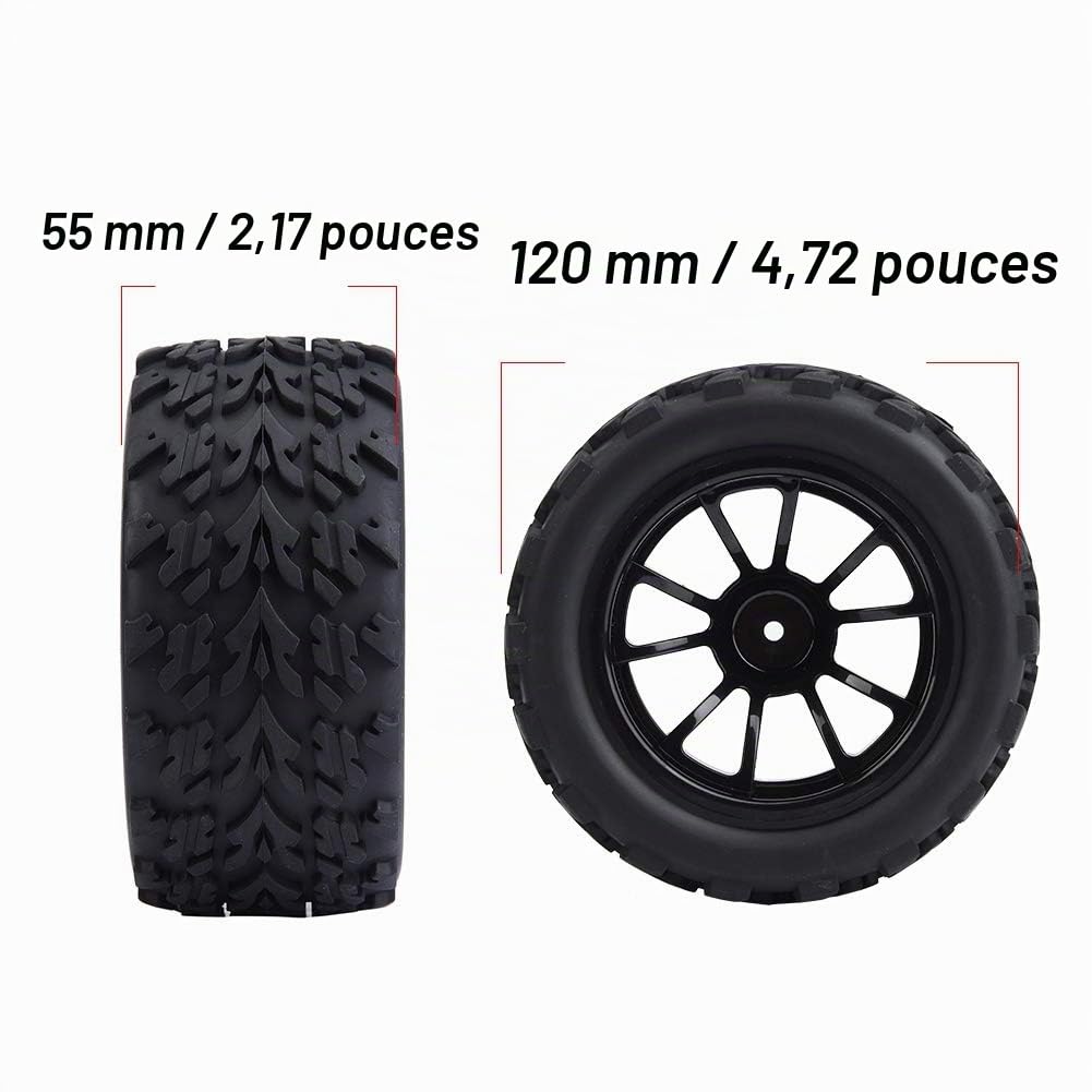 BuyWeek Pneu de Voiture RC, 4 Pièces Pneus de Roue de Voiture Télécommandée en Caoutchouc avec Moyeu pour Voiture de Camion RC à Échelle 1/10(10 Holes)