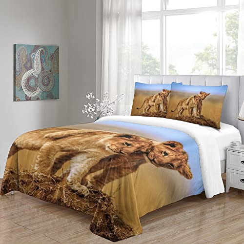 Housse de couette lion 200x200 parure de lit 3 pièces microfibre drap ado