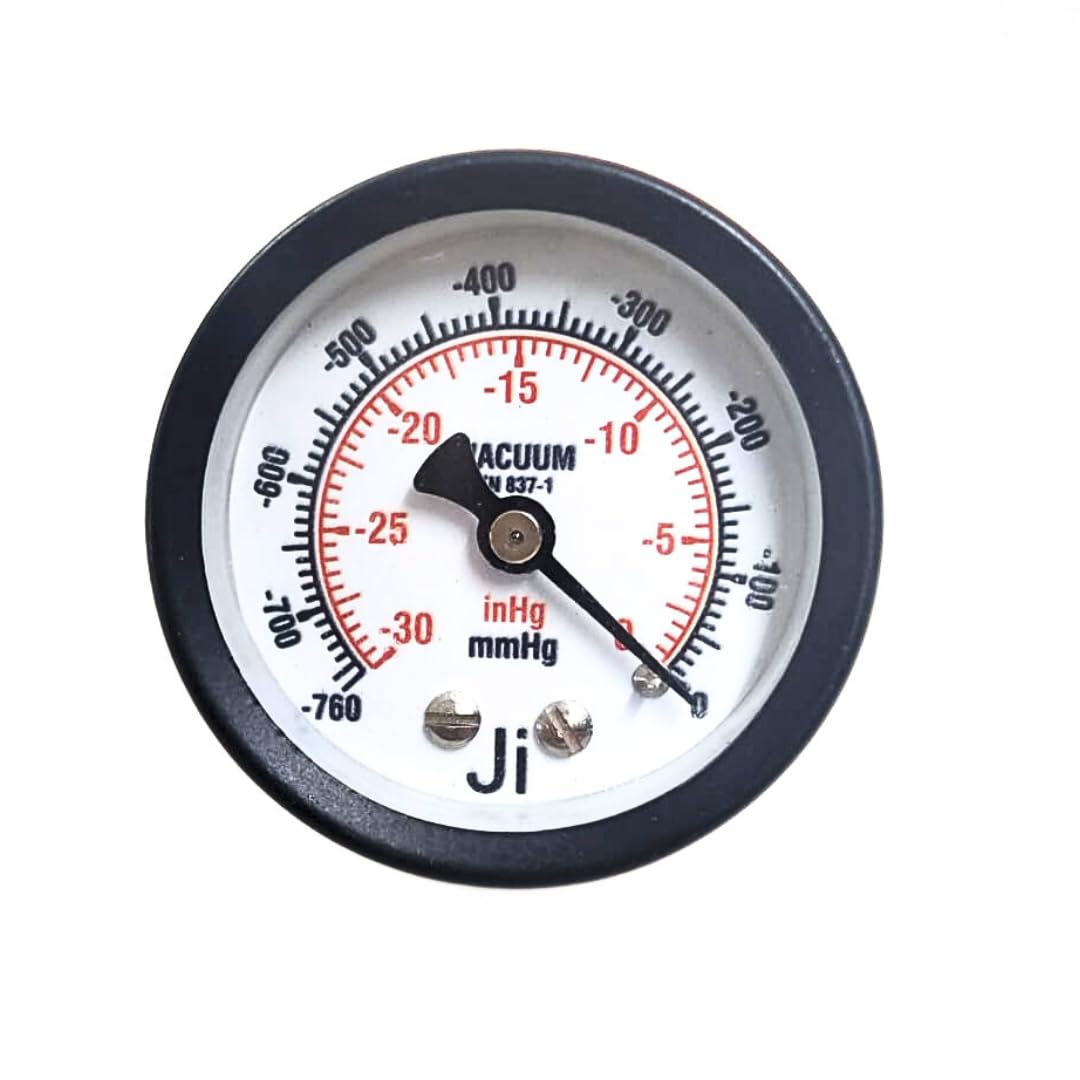 "Ji" Japsin Instrumentation Commercial Vacuum Gauge, Dial Size 2" (50 mm), Range -760 mmHg to 0 (-30 inHg to 0), Direct Mounting Back Entry, 1/4" BSP (M) Connection, MS Case & Brass Internals