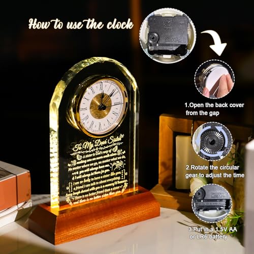 Image of Arikyrist Sister Gifts from Sister Brother with Wooden Light Base, Birthday Gifts Idea for Sisters Glass Clock Keepsake Sisters Gift for Women on Christmas Mothers Day Valentines