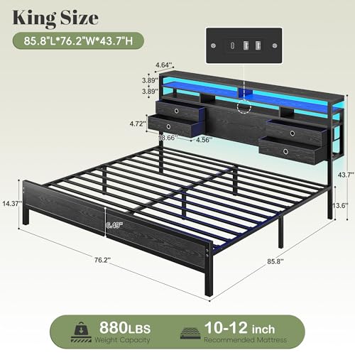 Image of Homkdom King Bed Frame with Storage Headboard, Charger & LED Lights, Black | 3-tier shelves and 4 drawers,2 USB&1 Type-C ports,Heavy-duty metal loads 880lbs,Noise-free,No box spring needed,Easy assembly