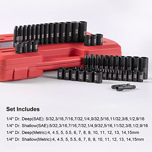 Wiildis 1/4" Drive Impact Socket Set, 54-Piece, 6-Point, Sae/Metric, 5/32 Inch - 9/16 Inch, 4Mm - 15Mm, Standard/Deep,Cr-V, Heavy Duty Storage Case For Household, Automotive Repair & Diy Project #TOP2
