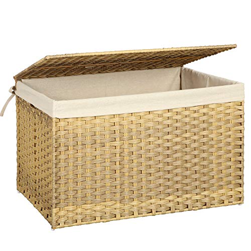 SONGMICS Storage Basket with Lid, Woven Blanket Storage Bin with Handles, Foldable, Removable Liner, Metal Frame, for Bedroom, Laundry Room, 42.3 Gallons (160 L), Natural URST76NL