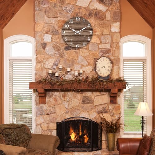 Image of XFM Brown Wooden Wall Clock 24 Inch Large Farmhouse Decor | Non-Ticking Battery Operated Decorative for Kitchen Living Room Office