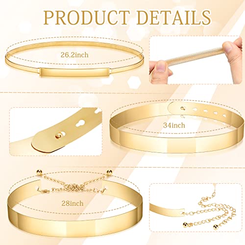 Satinior Gold Belts For Women For Dresses 3 Pieces Gold Waist Belt Metal Belt Skinny Adjustable Fancy Belts Glitter Waist Belt Elastic Metal Cinch Belt Metal Polished Plain Mirror Waist Chain Belt #TOP1
