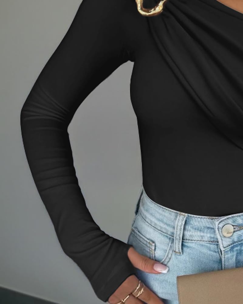 Women‘s Long Sleeve Shirts Cold Shoulder Metal Ring Decor Ruched Top Slim Fit Layering Blouses with Thumb Hole Cuffs