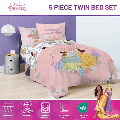 Image of Disney Princess Twin Comforter Set 5 Piece Kids Bedding for Girls, Pink | Cinderella Rapunzel Belle, Bed in a Bag, Comforter Sheets Sham Pillowcase, Soft Microfiber, Machine Washable, Girls Gift