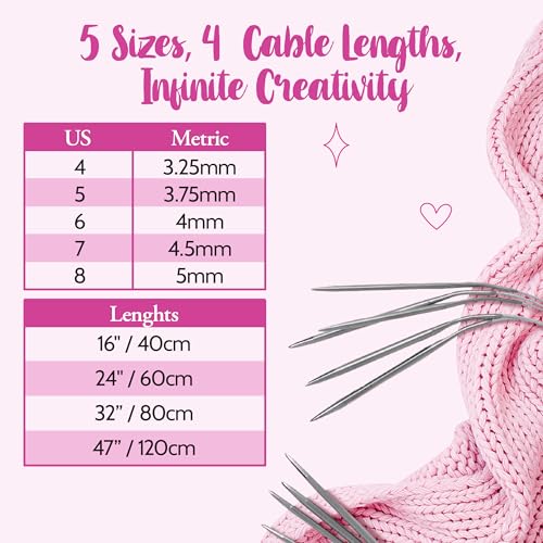 Image of KnitPal 47-Inch Circular Knitting Needles Set of 5 | Extra-Long Stainless Steel with Flexible Cable | US Sizes 4-8 (3.25-5mm) | Perfect for Magic Loop & Large Projects