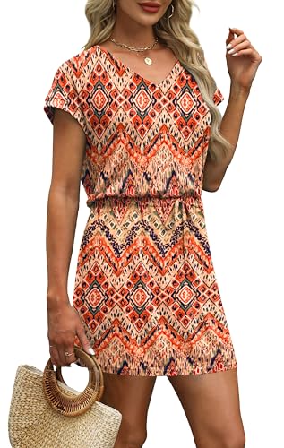 Image of OFEEFAN Summer Dresses for Women 2026 V Neck T Shirt Casual Mini Dresses Tie Waist Sundresses with Pockets
