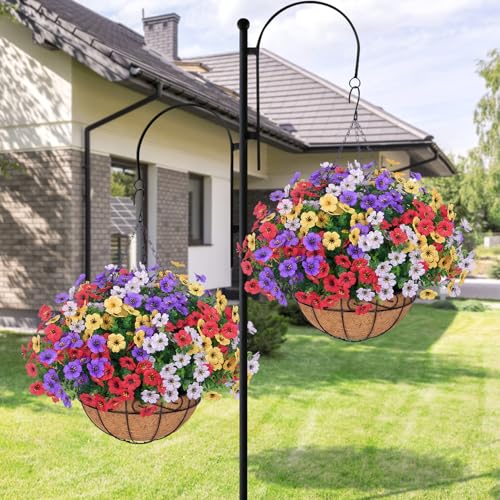Image of Artificial Hanging Silk Flowers for Outdoors with Basket, Mix | Fake hanging plants with basket, silk daisy flowers, UV resistan, for porch balcony patio home spring summer decoration